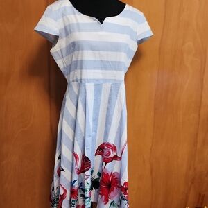 Striped Blue and White Floral Flamingo Dress